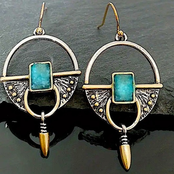 Turquoise Stone Boho Dangle Earrings - Picture 2 of 6